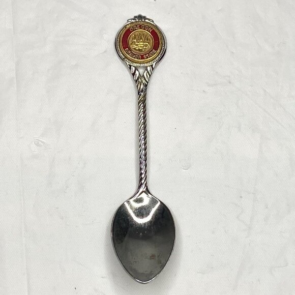 Oregon Beaver State Souvenir Spoon 3 5/8" Silver Tone Gold Red Enamel Insert USA - Picture 5 of 5